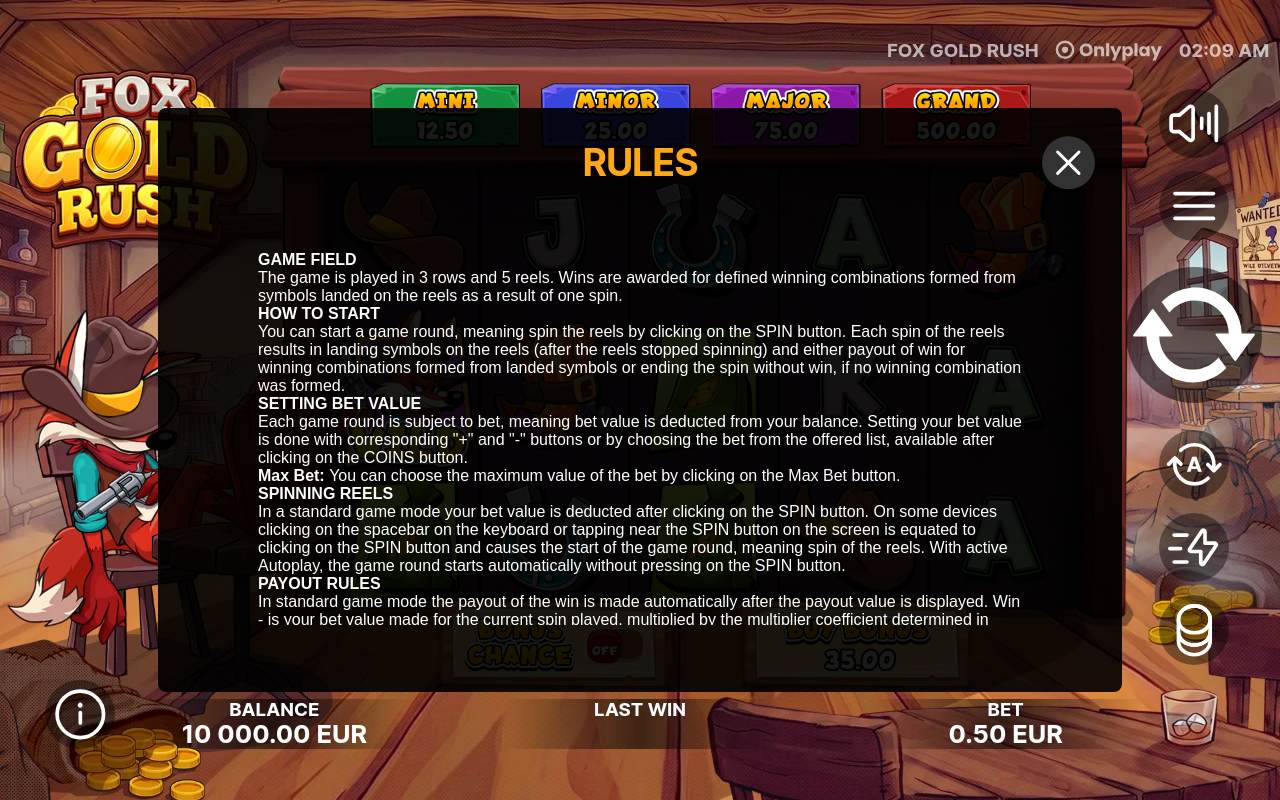 Fox Gold Rush information screen