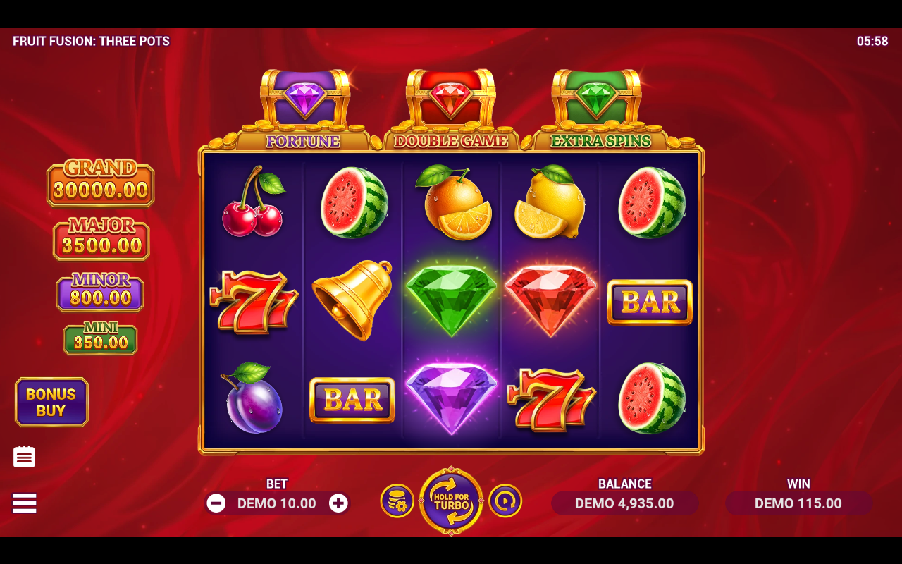 Fruit Fusion: Three Pots bonus round with stacked bonus fields