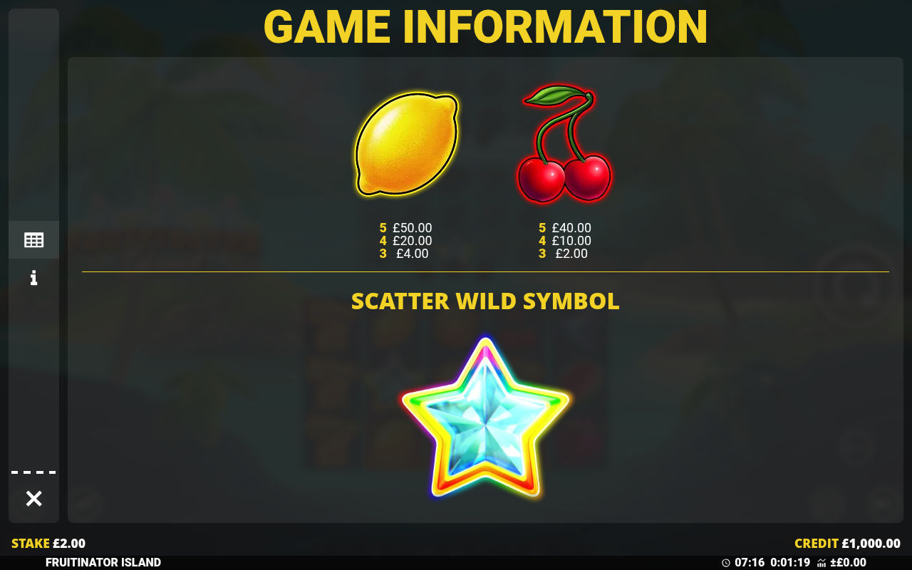 Fruitinator Island information screen showing symbols and winlines