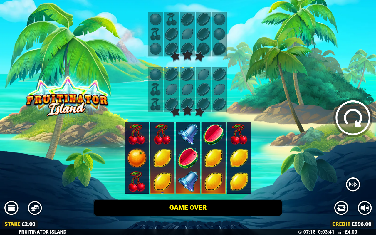 Fruitinator Island gameplay showing locked upper screens