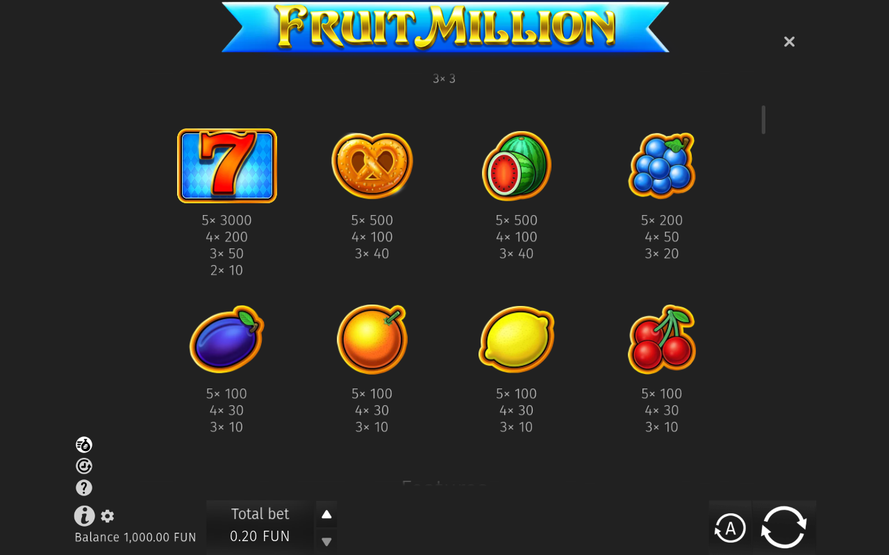 Fruit Million information screen