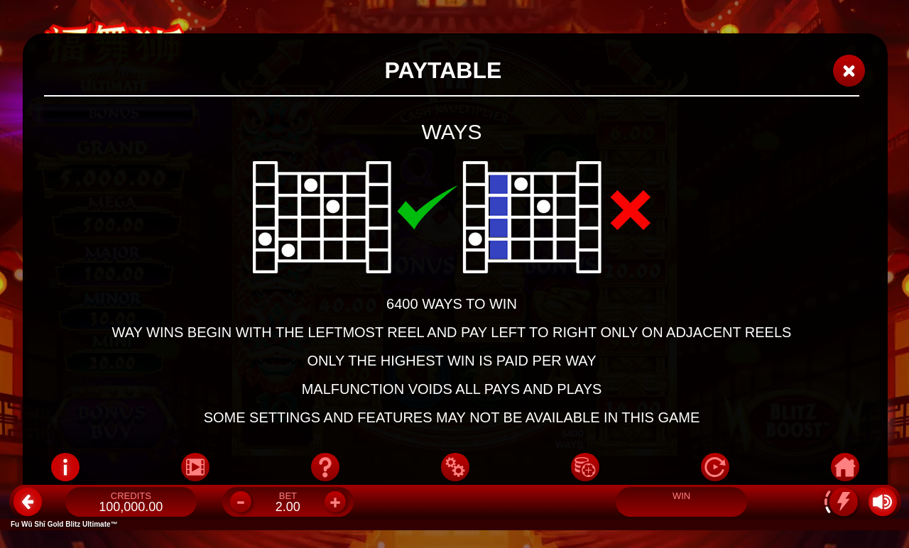 Fu Wǔ Shī Gold Blitz Ultimate information screen