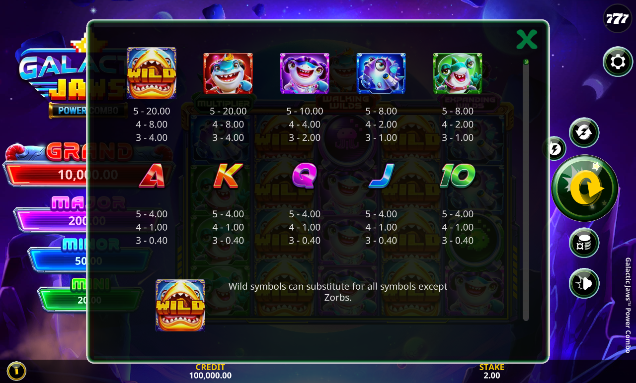 Galactic Jaws Power Combo information screen