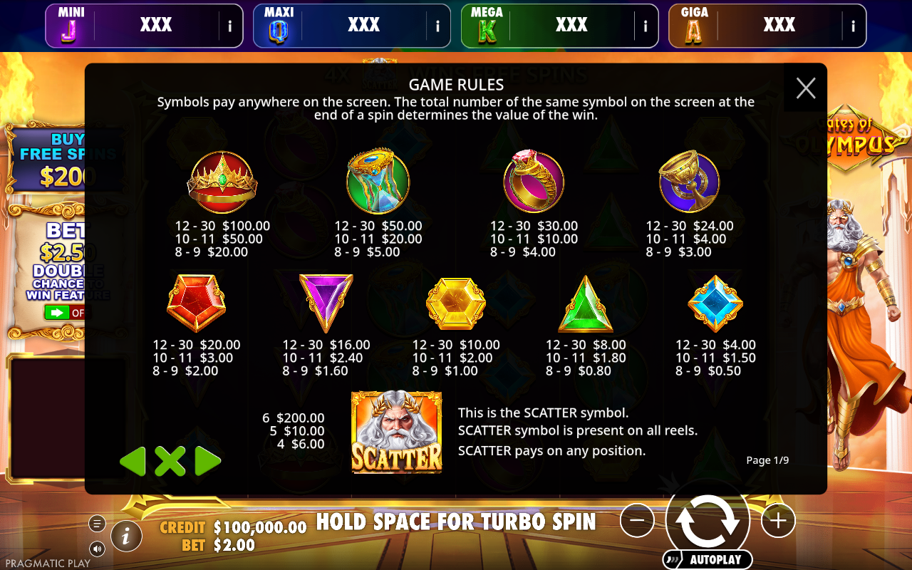 Gates of Olympus - Oranje Jackpot information screen