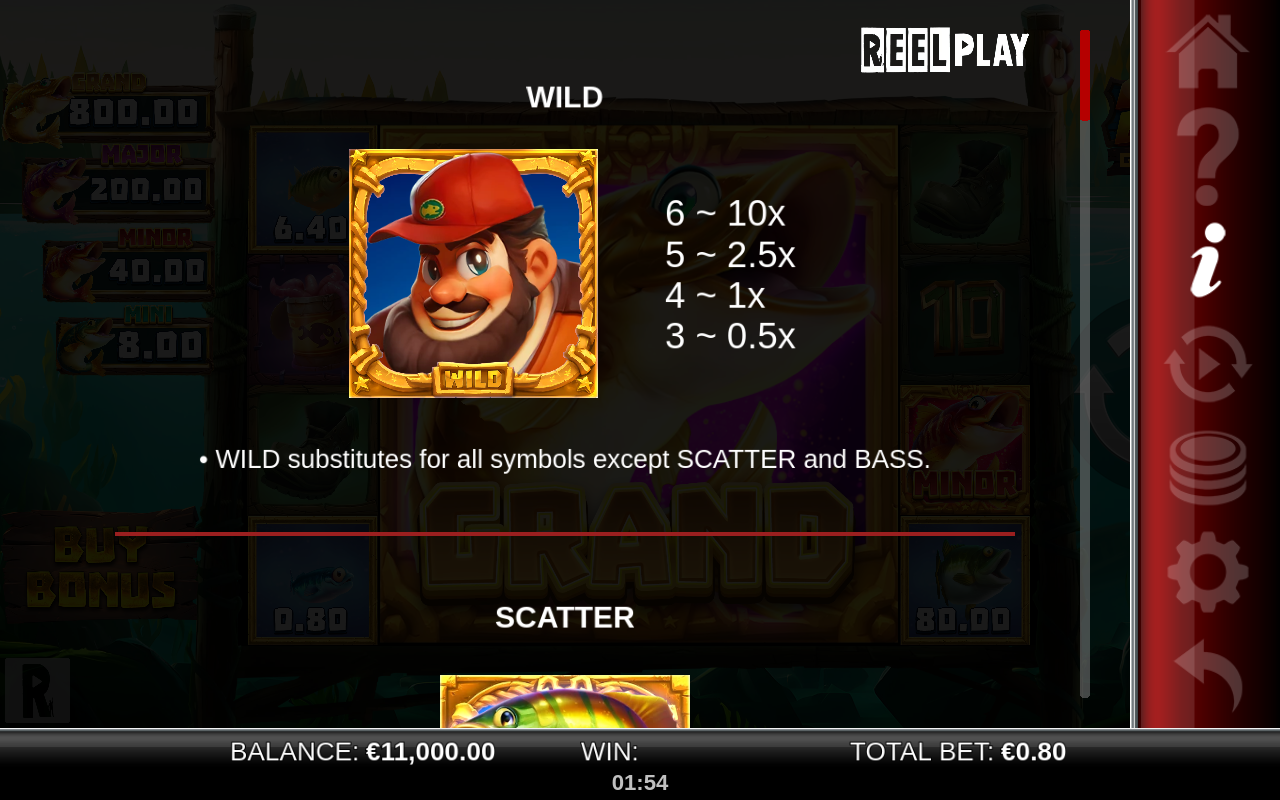 Giga Bass GigaBlox information screen showing wild and scatter symbols