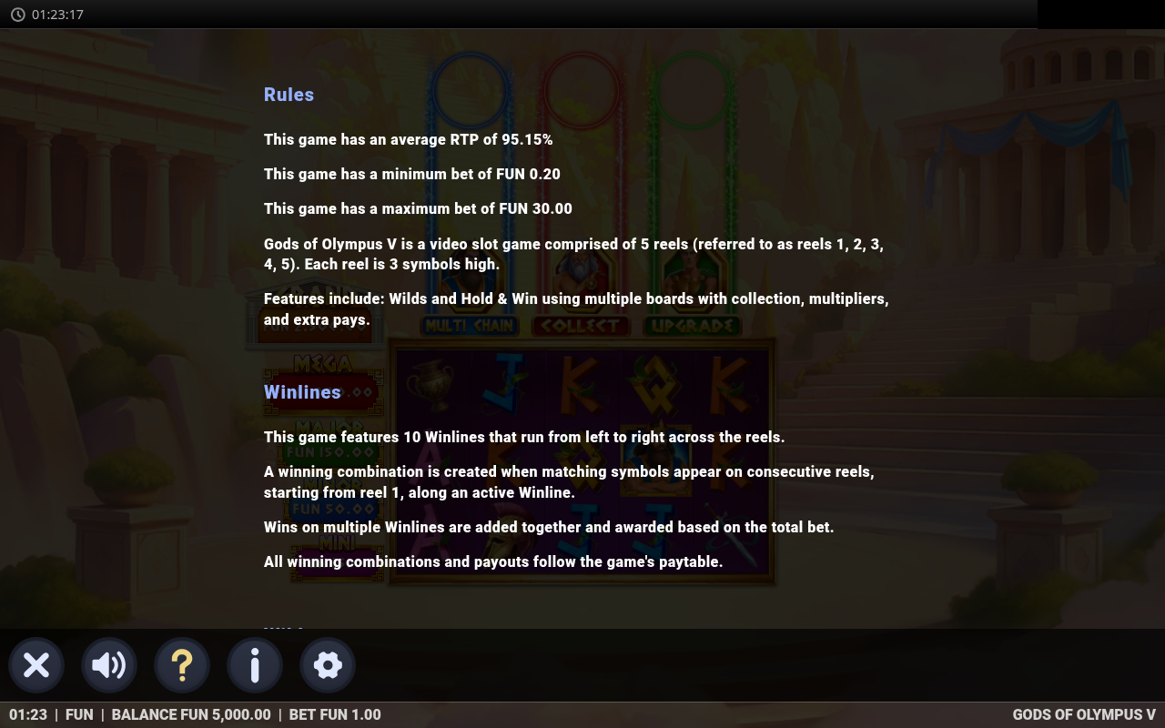 Gods of Olympus 5 information screen