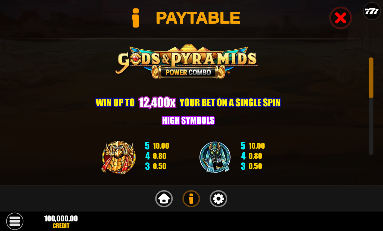 Gods & Pyramids Power Combo information screen