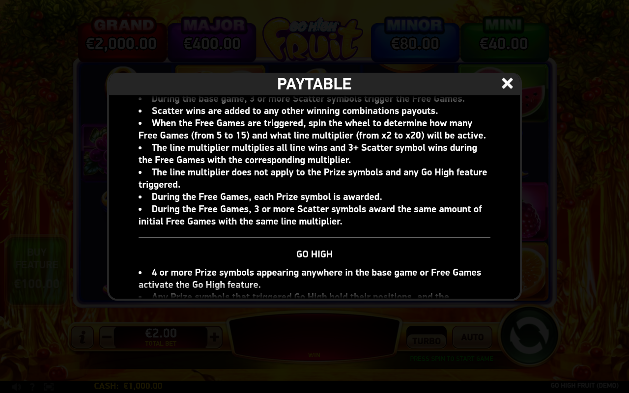 Go High Fruit feature rules screen