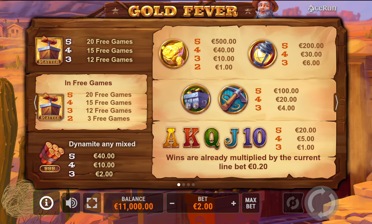 Gold Fever information screen