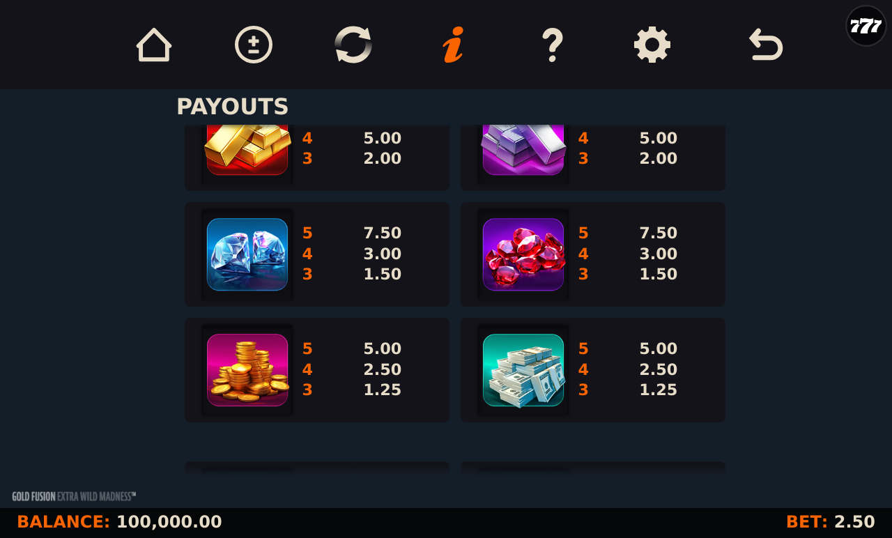 Gold Fusion Extra Wild Madness Buy Feature information screen