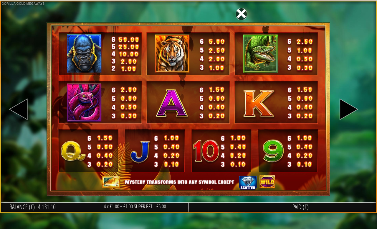 Gorilla Gold Megaways information screen