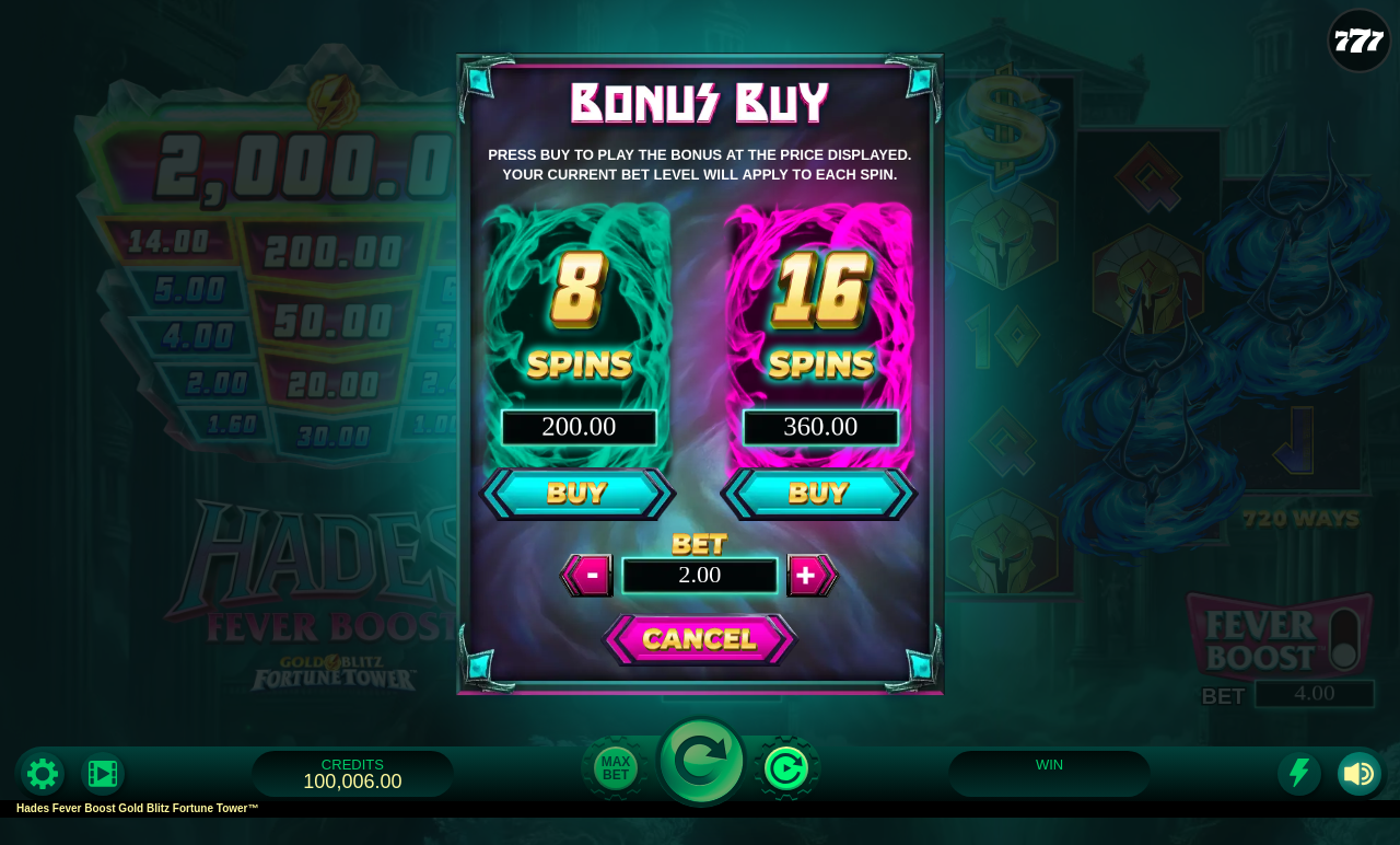 Hades Fever Boost Gold Blitz Fortune Tower bonus buy