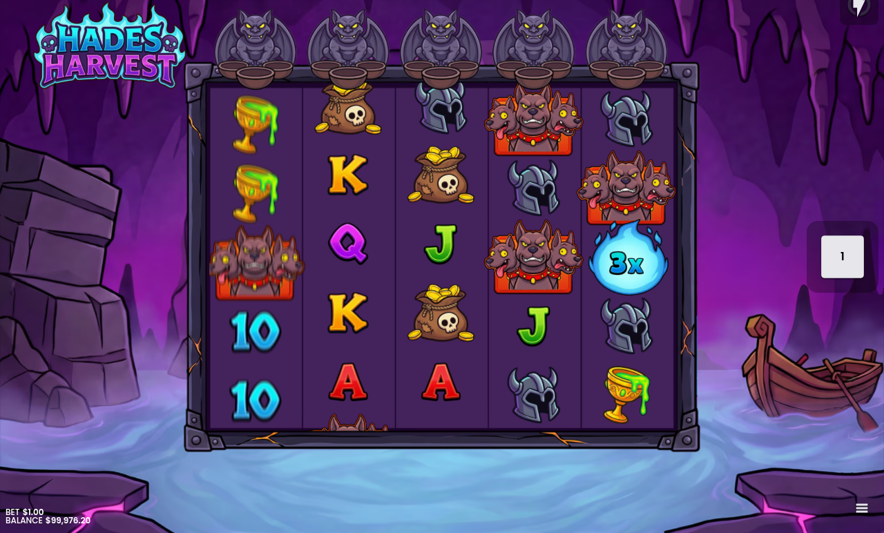 Hades Harvest gameplay with a multiplier orb on the reels