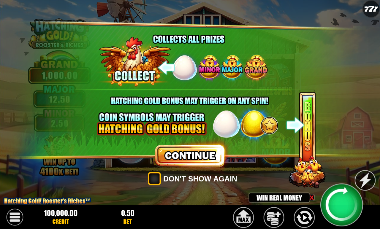 Hatching Gold! Rooster's Riches information screen