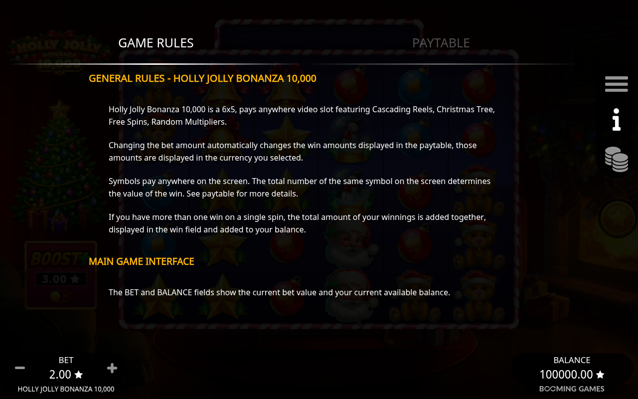 Holly Jolly Bonanza 10,000 information screen