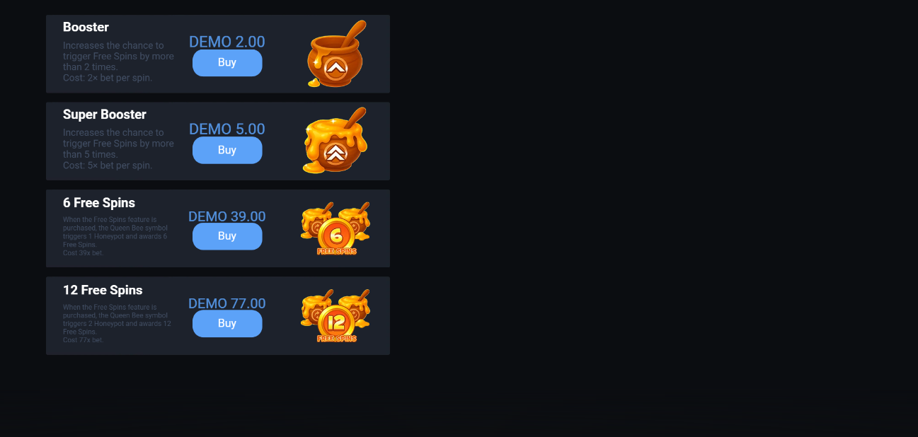 Honey Royale Bonus Buy menu