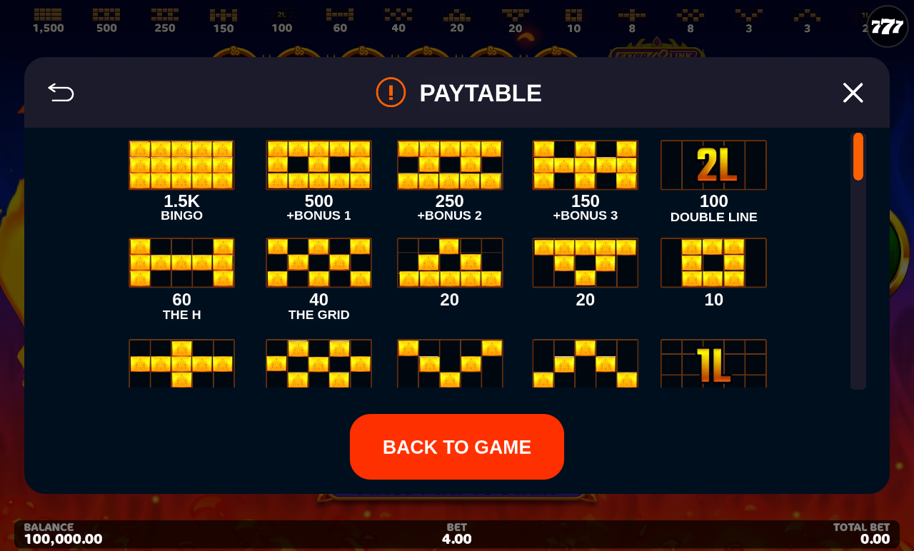Hot Fireballs Link&Win information screen