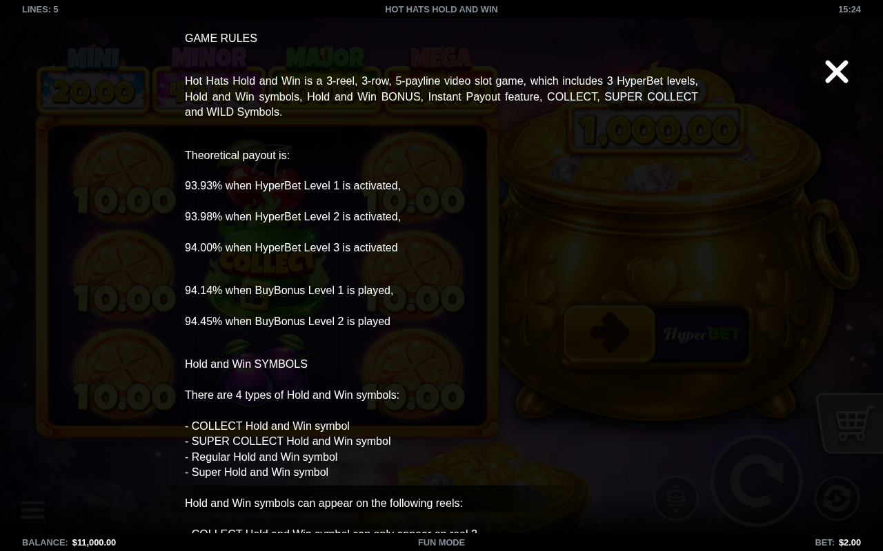 Hot Hats Hold and Win information screen