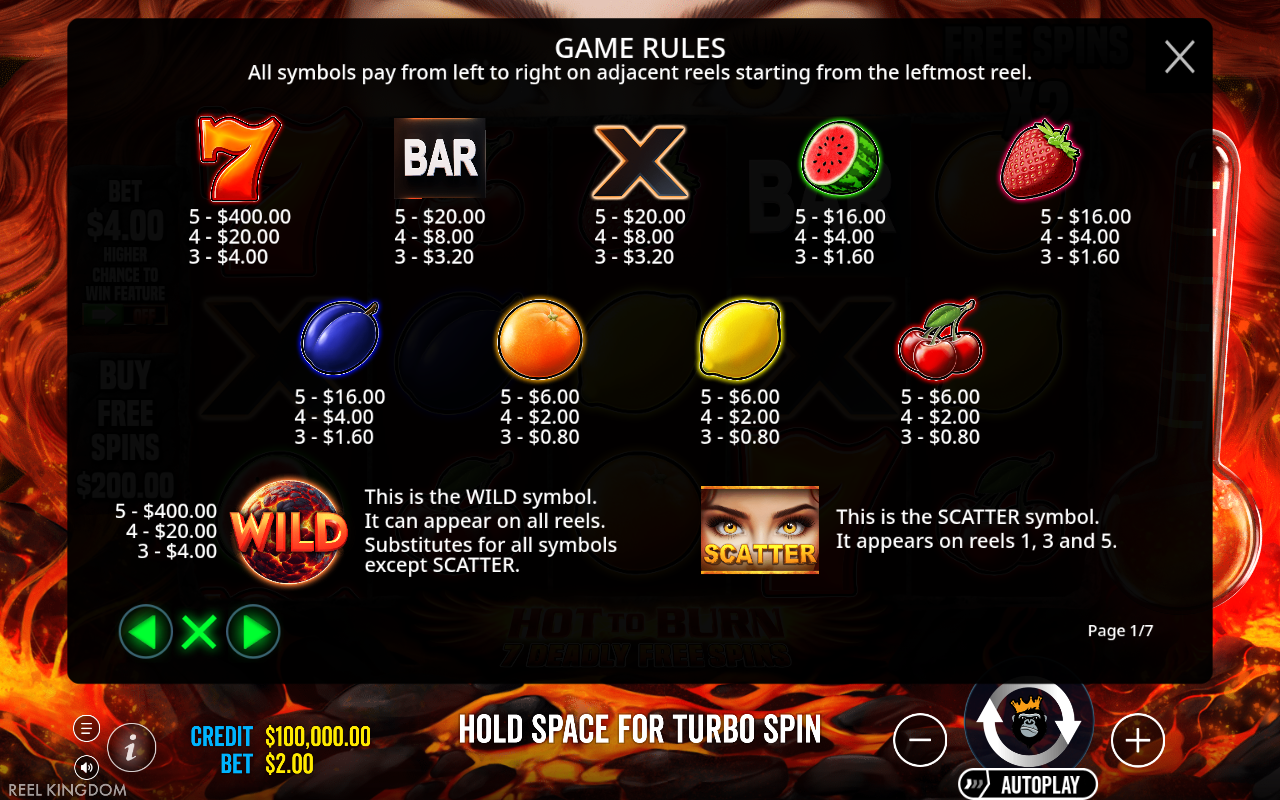 Hot to Burn - 7 Deadly Free Spins information screen