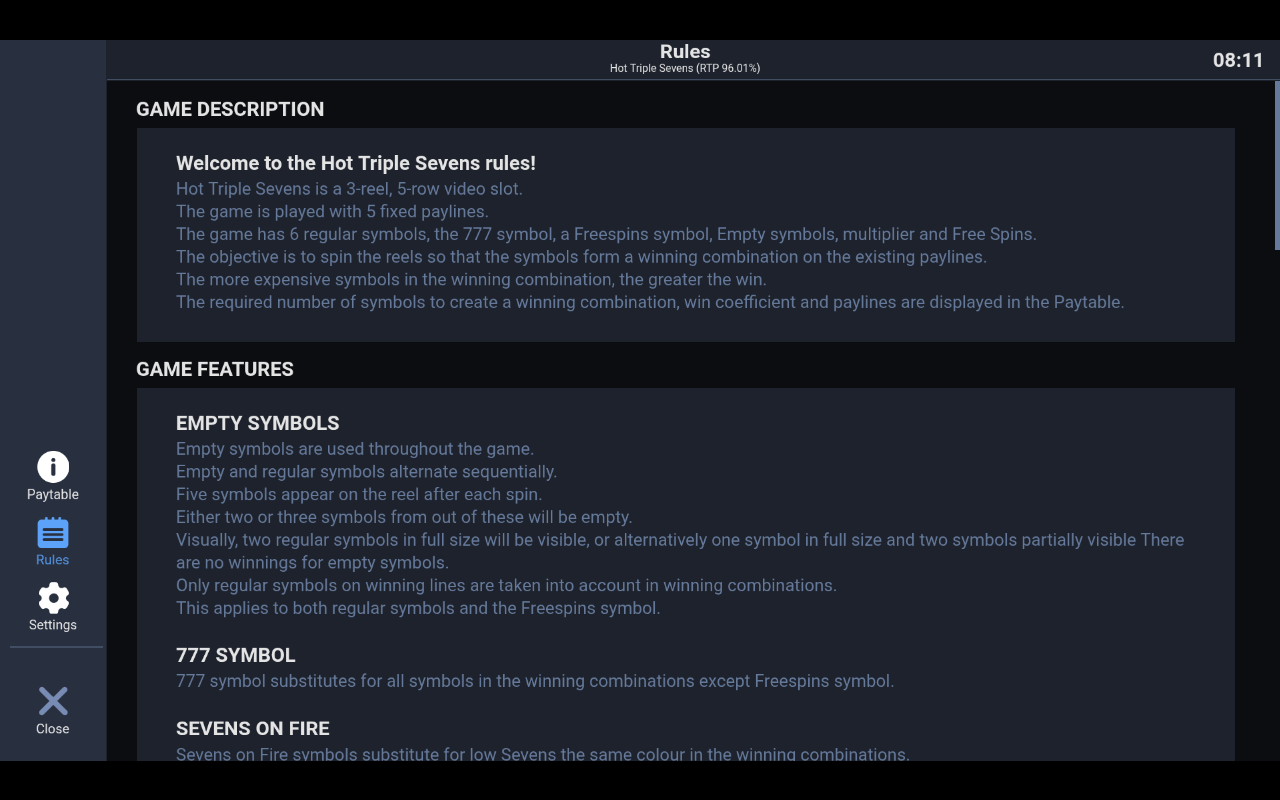 Hot Triple Sevens information screen showing symbol rules