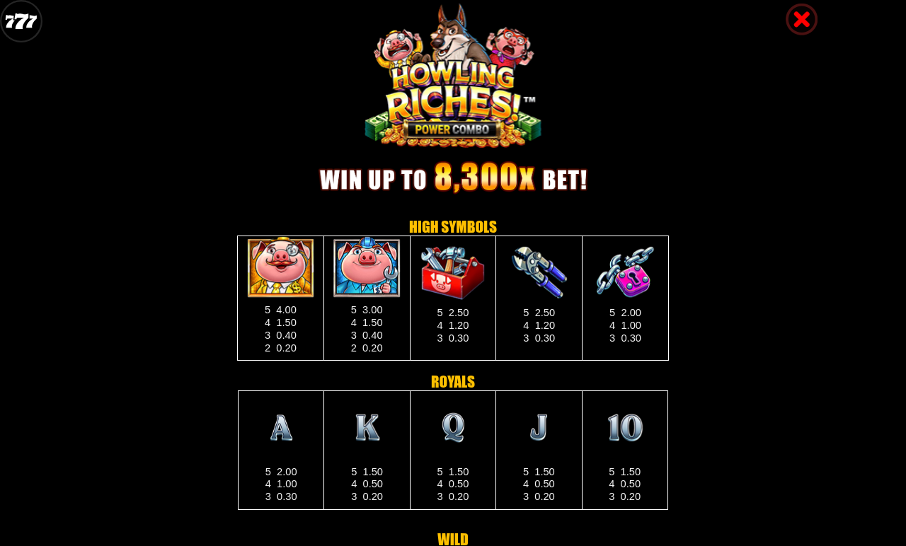 Howling Riches Power Combo information screen