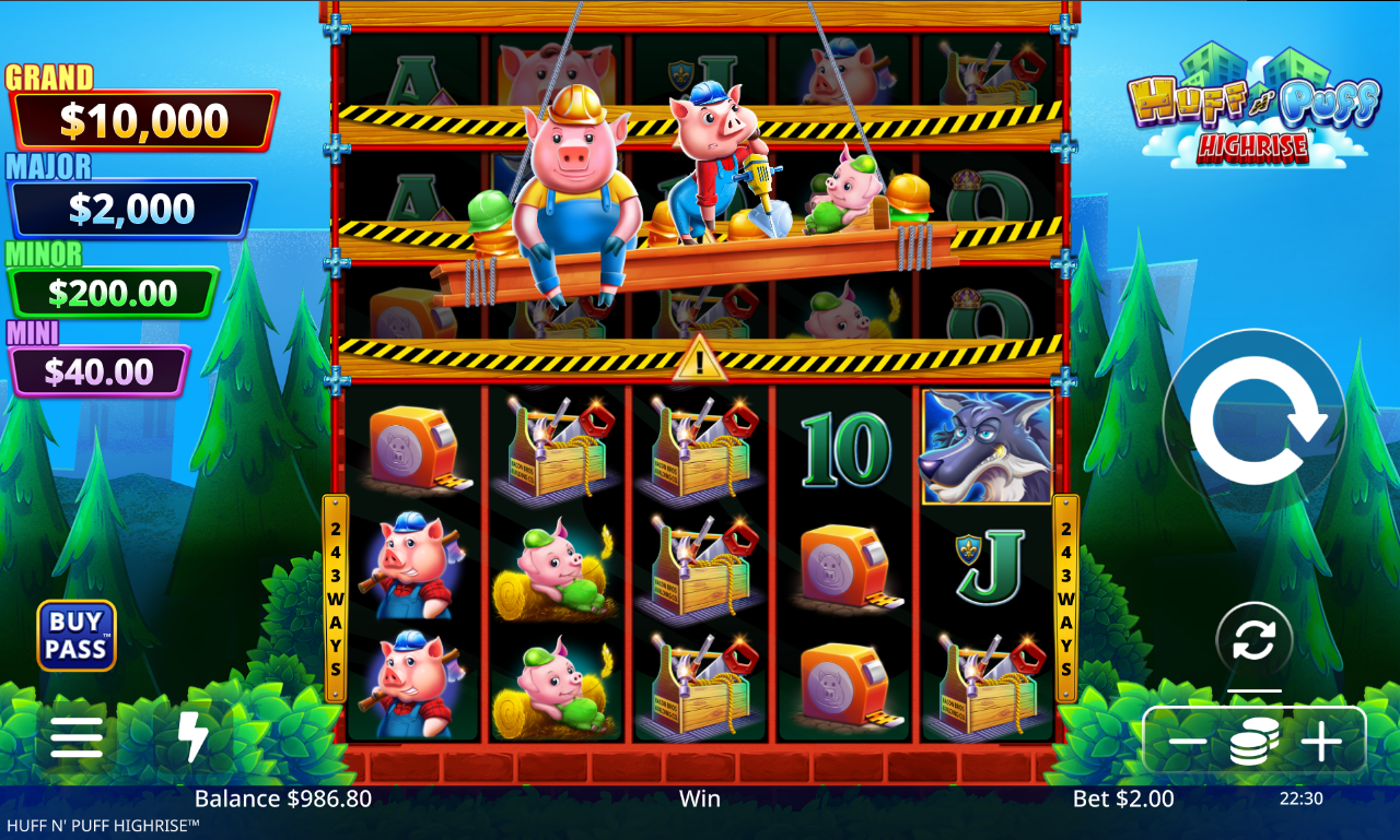 Huff n' Puff Highrise gameplay with wolf symbol