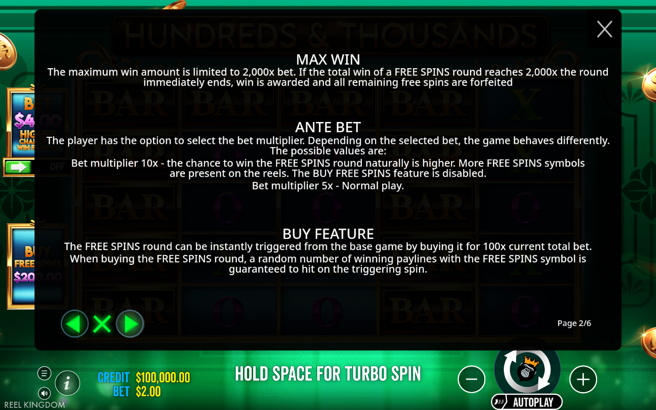 Hundreds and Thousands free spins rules screen
