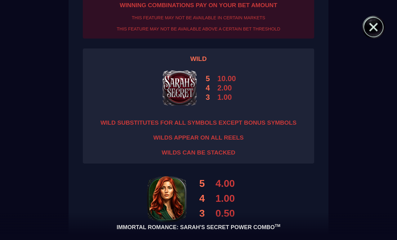 Immortal Romance: Sarah's Secret Power Combo information screen