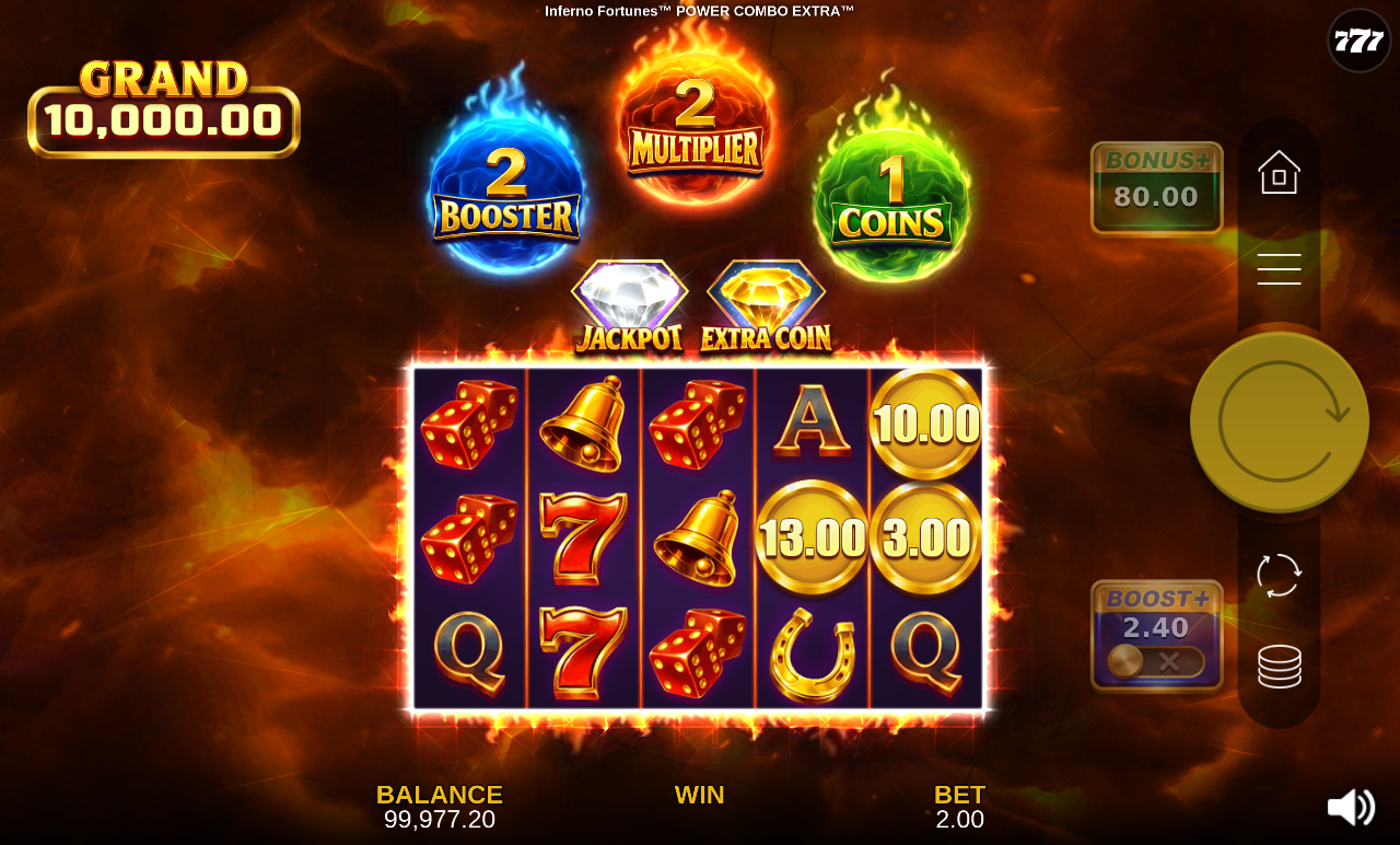 Inferno Fortunes POWER COMBO EXTRA coin values landing on the reels