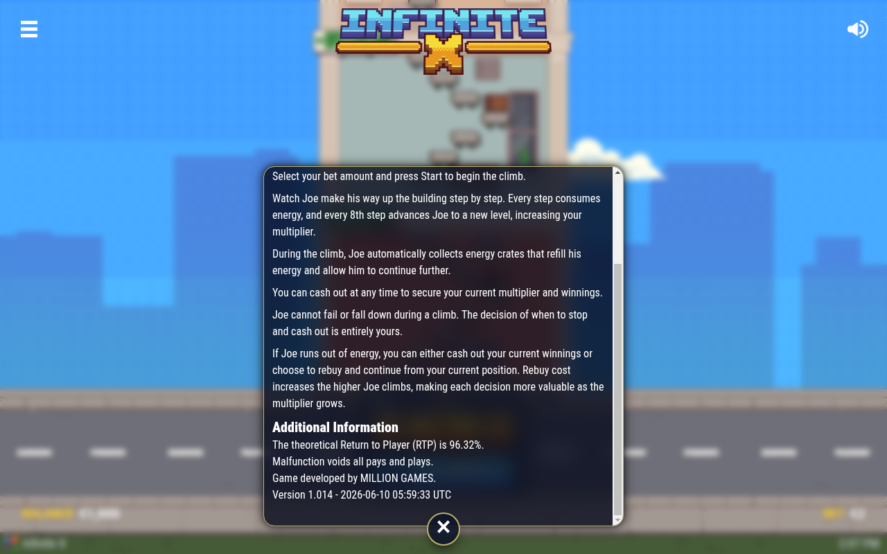 Infinite X information screen