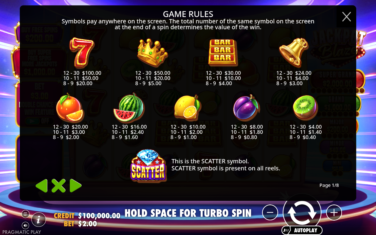 Jackpot Blaze information screen