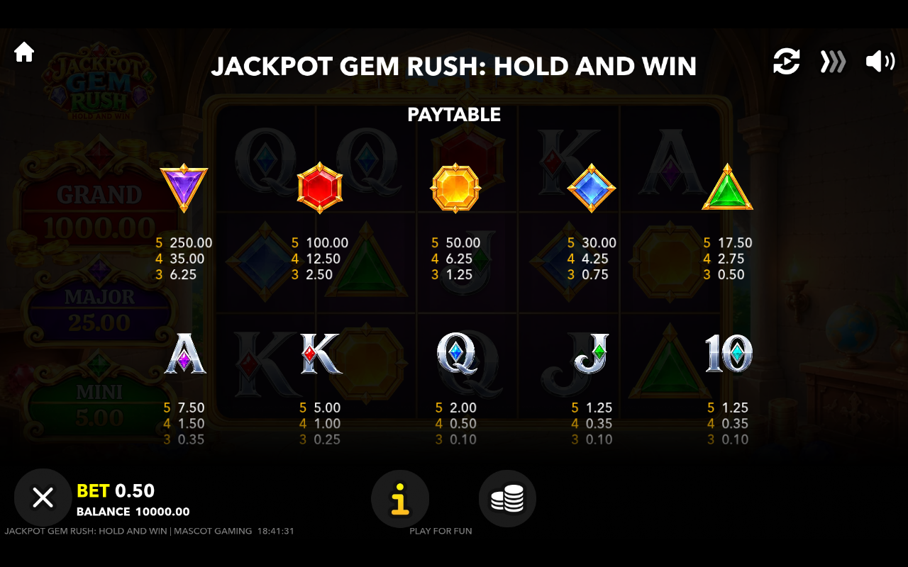 Jackpot Gem Rush information screen