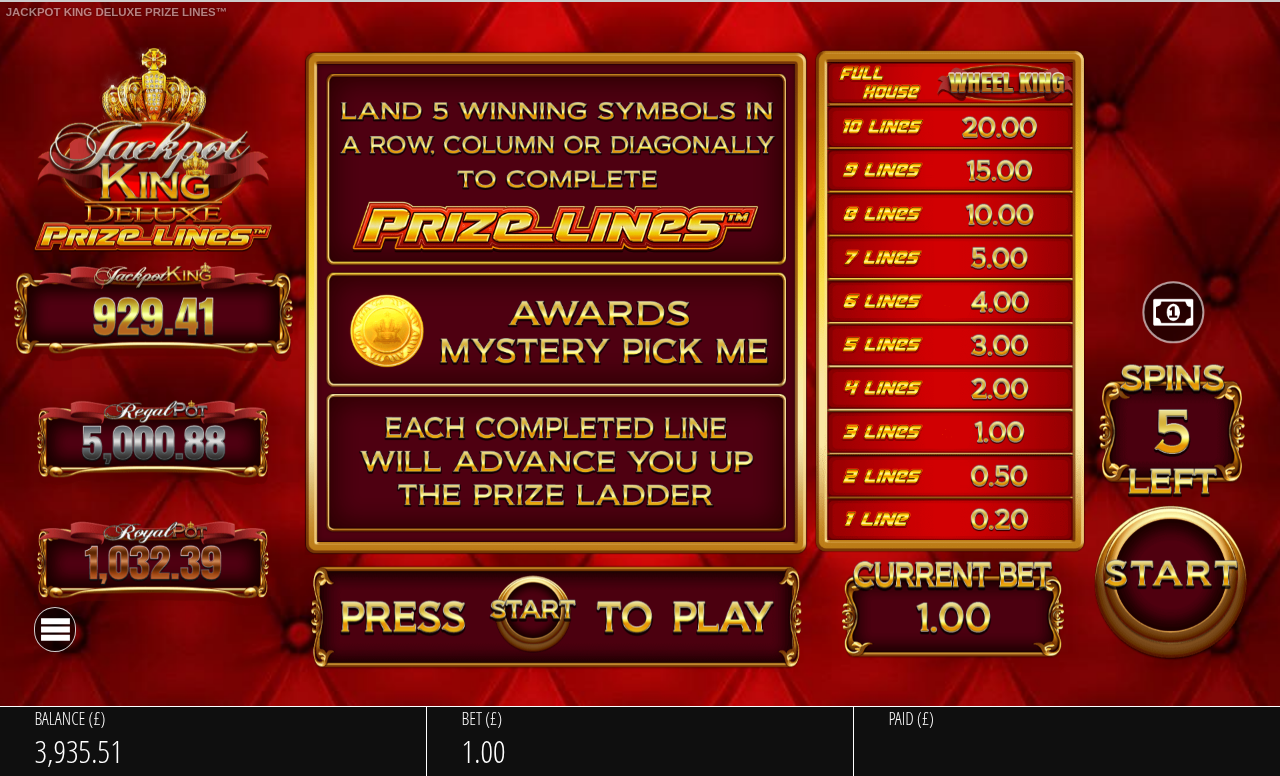 Jackpot King Prize Lines information screen
