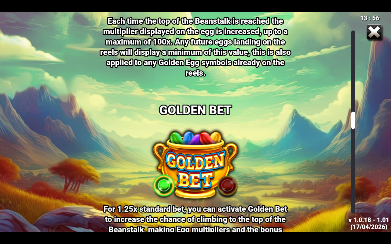 Jack's Beanstalk Bonanza information screen