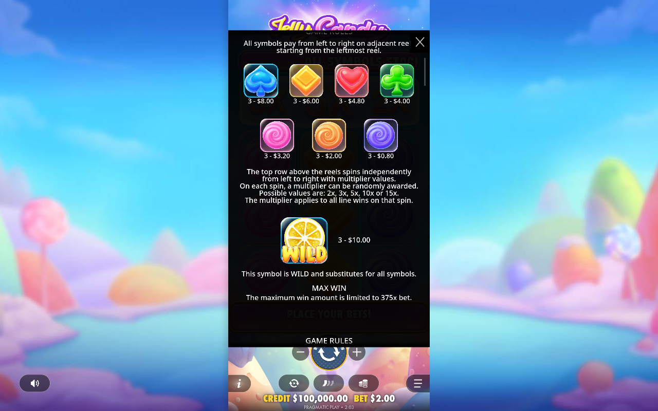 Jelly Candy Top Row Multiplier rules