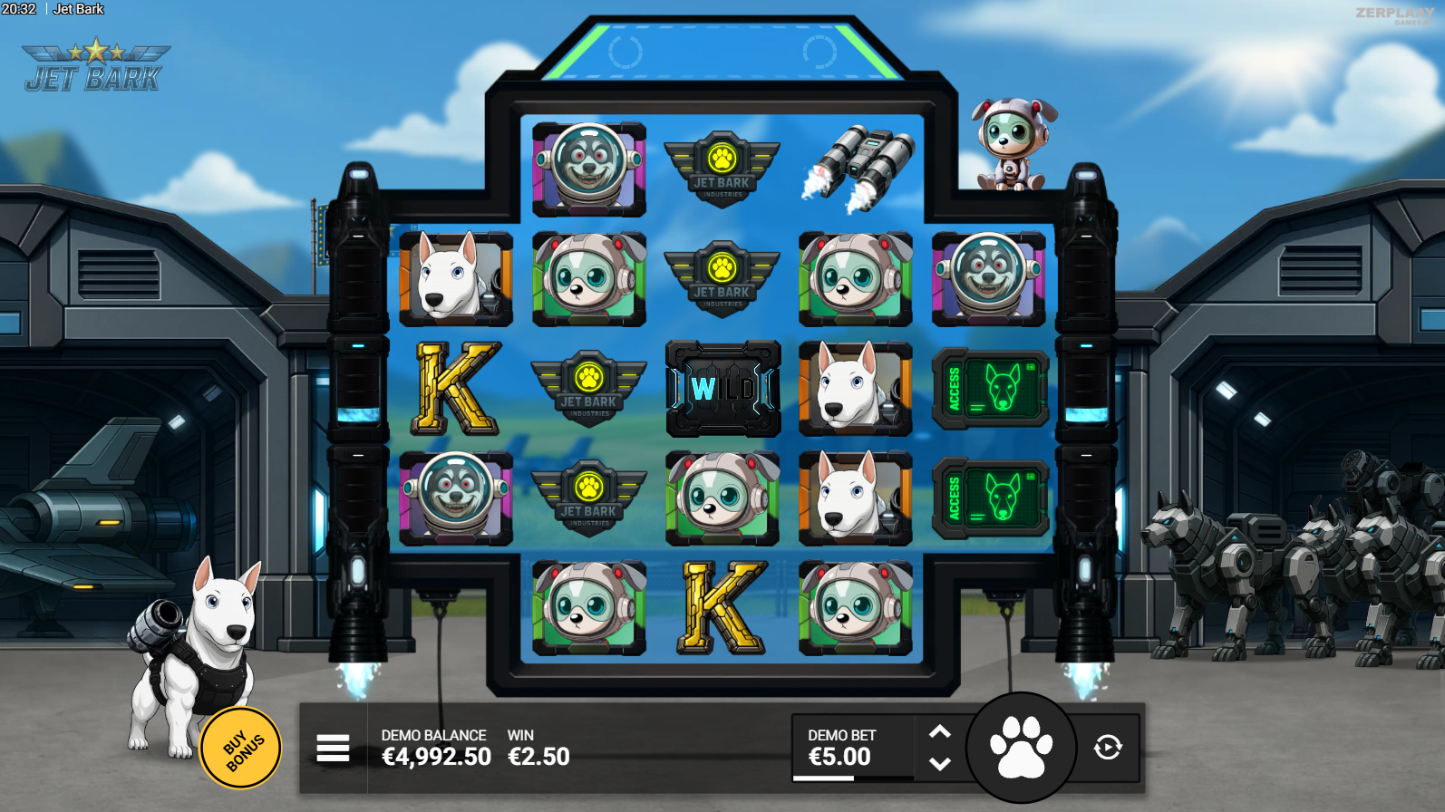 Jet Bark base game showing the 3-5-5-5-3 grid on a military dog airbase