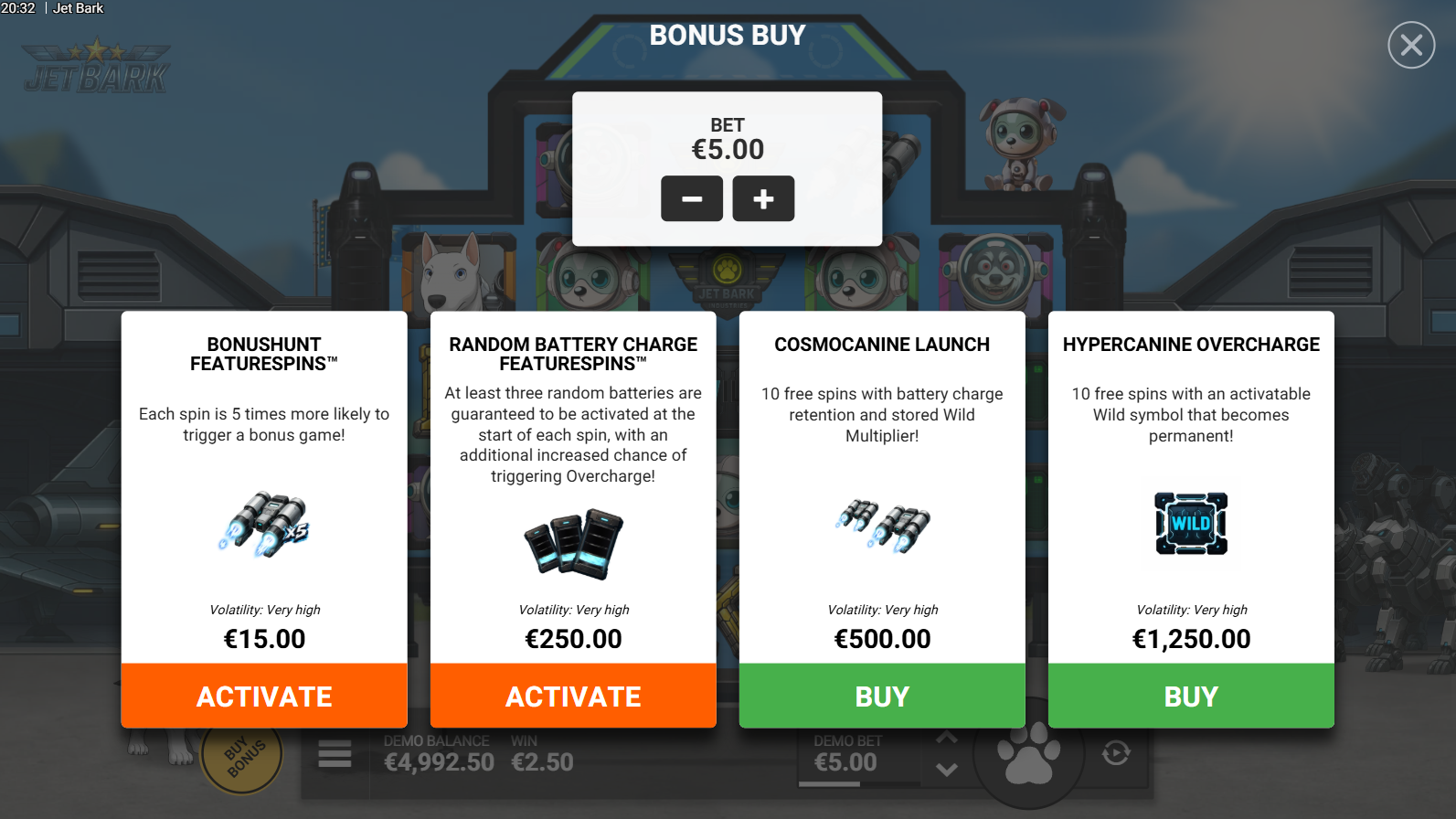 Jet Bark bonus buy and FeatureSpins purchase menu