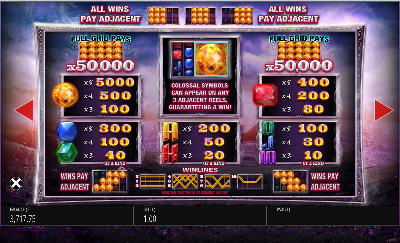 Jewel Strike information screen showing full grid pays