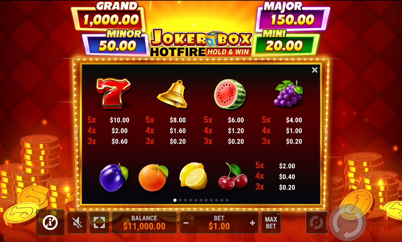 Joker Box Hotfire information screen