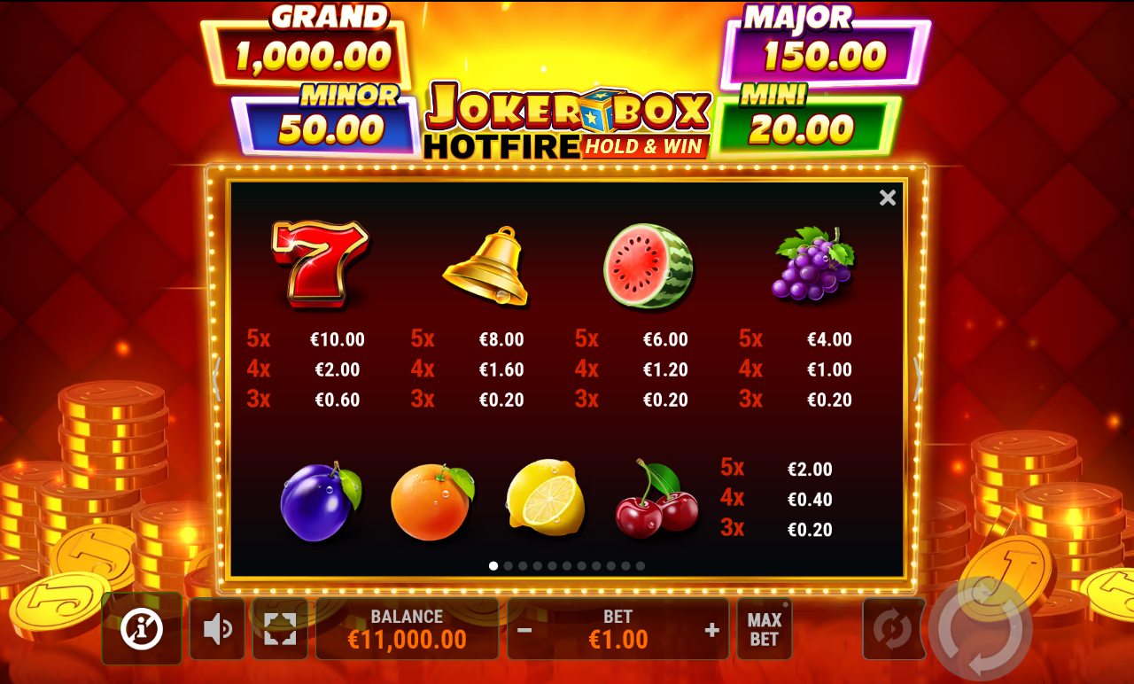 Joker Box Hotfire Hold & Win information screen