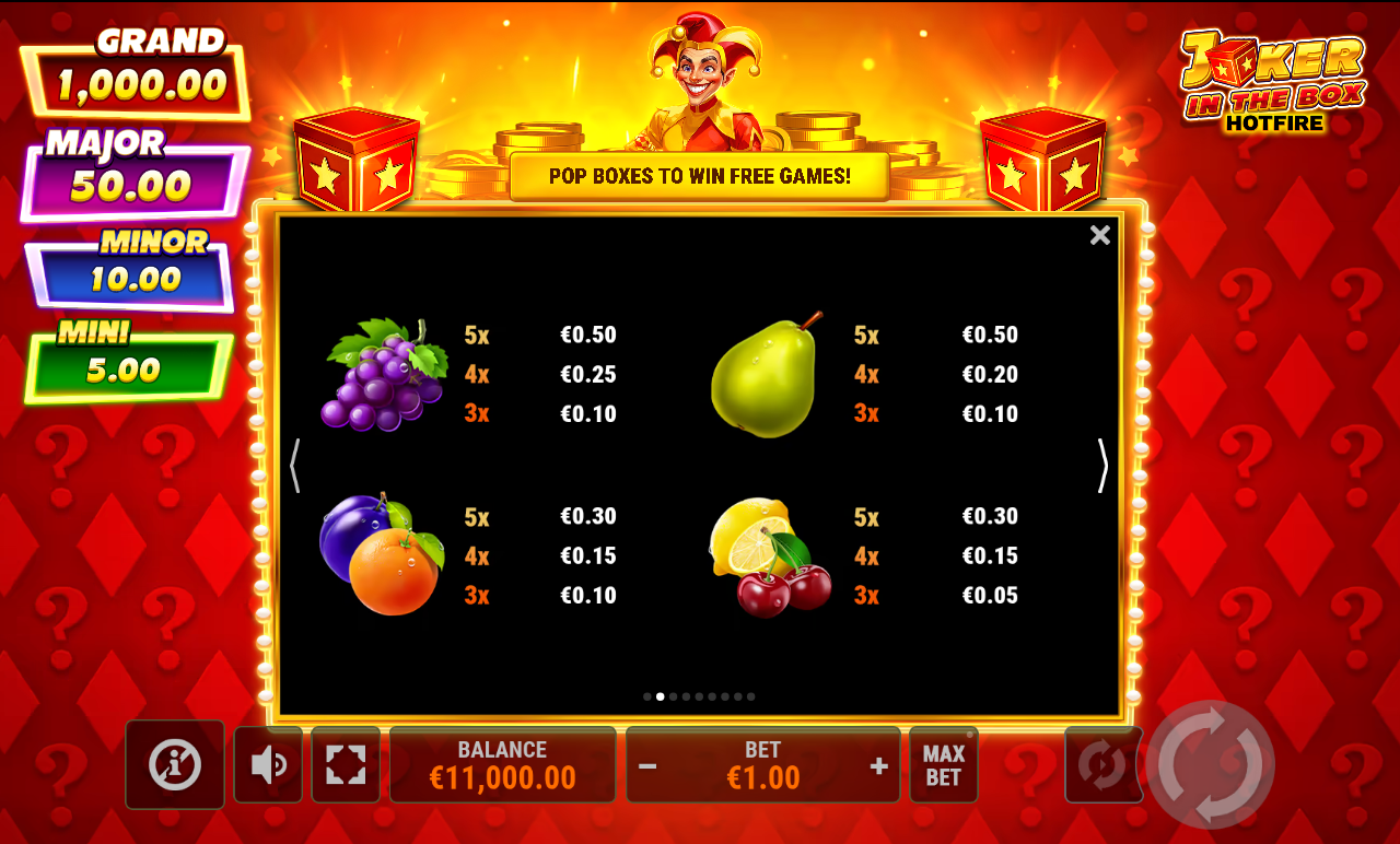 Joker in the Box Hotfire information screen