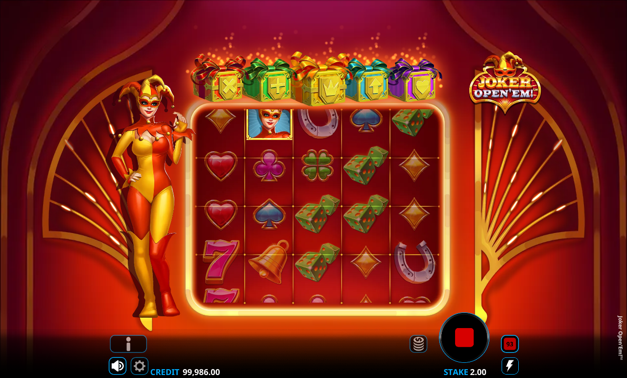 Joker Open'Em! gameplay with a Joker on reel 1 and value icons on the grid