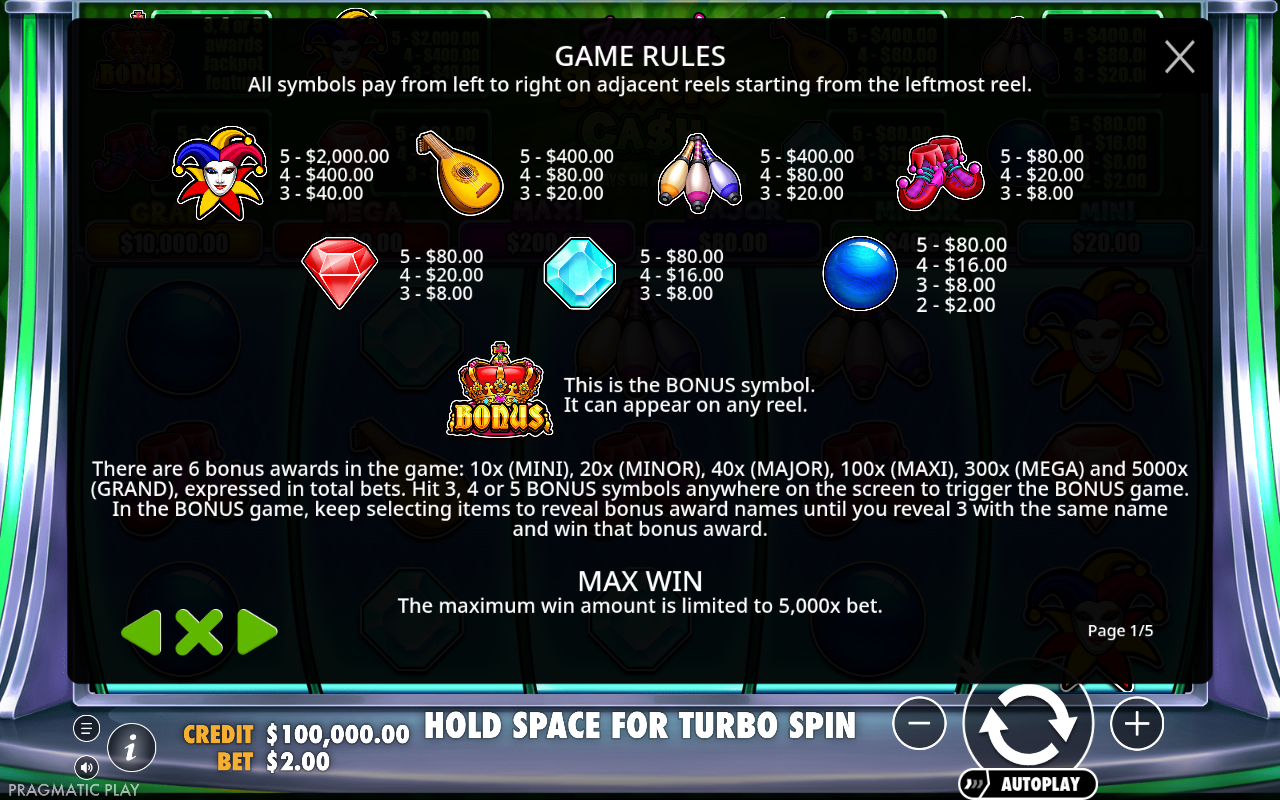 Joker's Jewels Cash bonus game rules