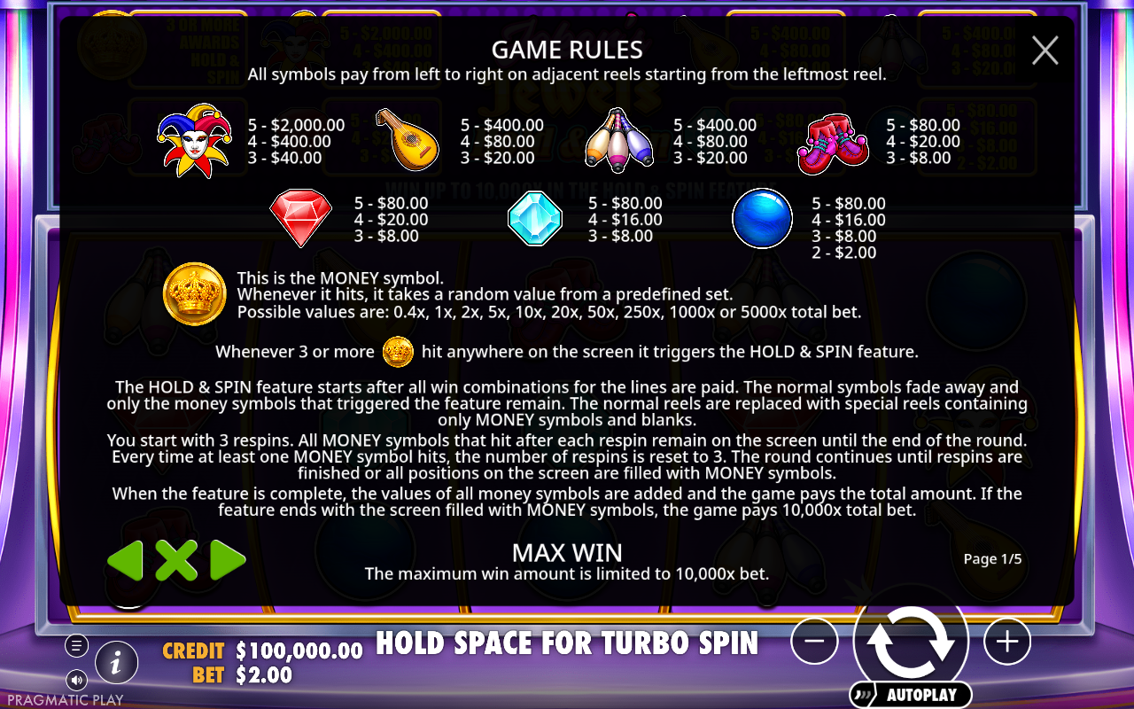 Joker's Jewels Hold & Spin information screen