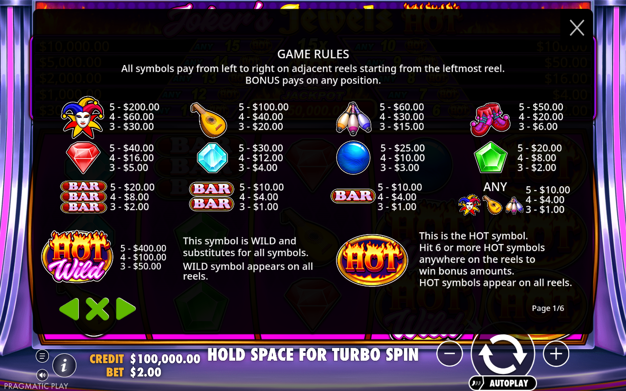 Joker's Jewels Hot information screen showing the HOT Wild