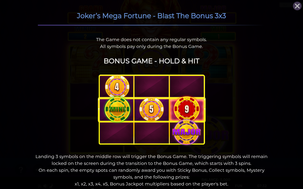 Joker's Mega Fortune - Blast The Bonus 3x3 information screen