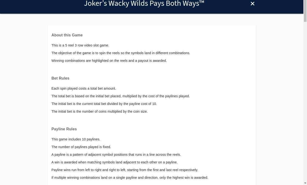 Joker's Wacky Wilds Pays Both Ways information screen