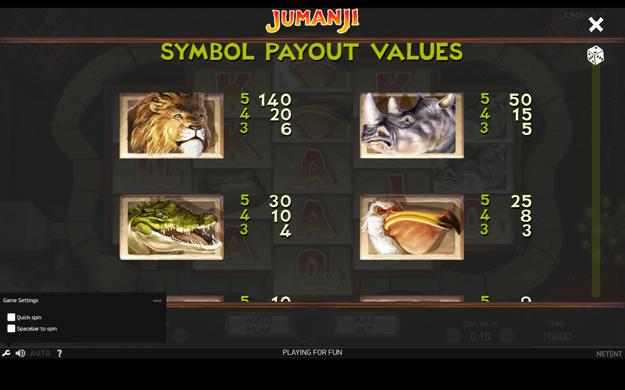 Jumanji information screen