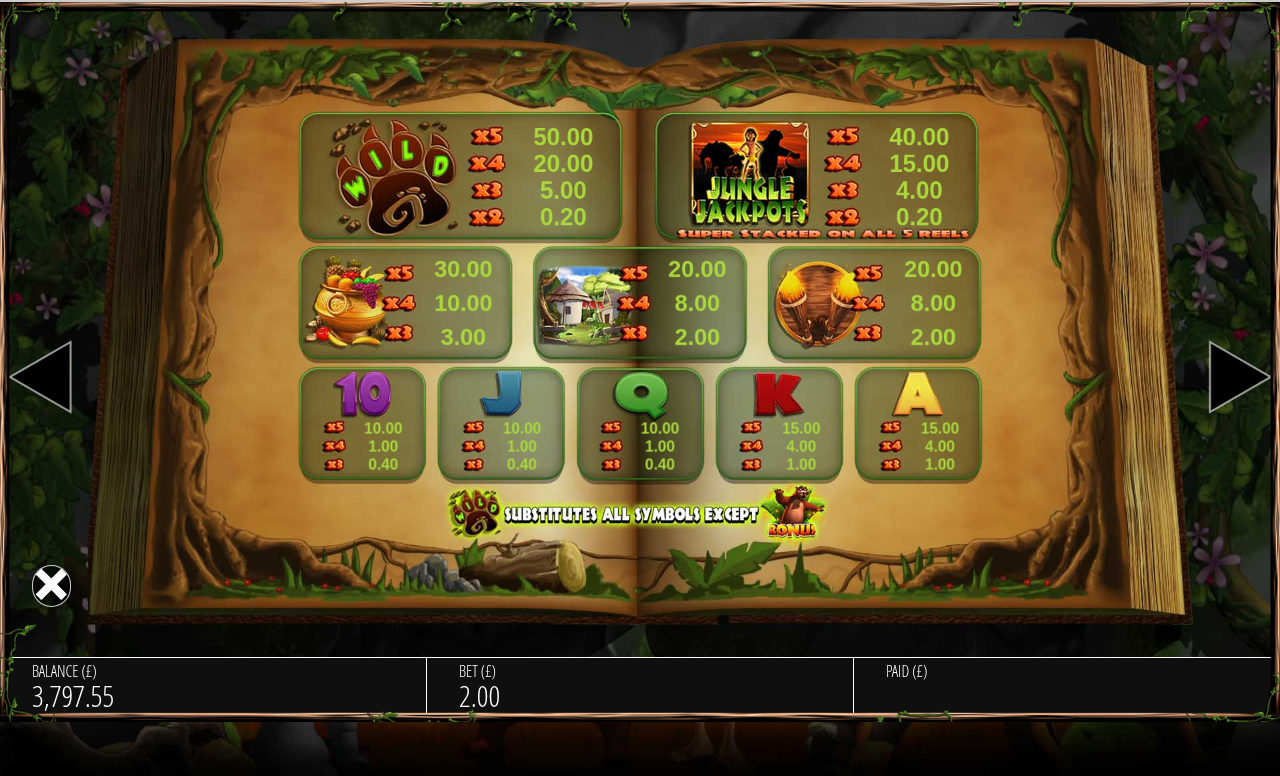 Jungle Jackpots wild symbol and paytable information screen