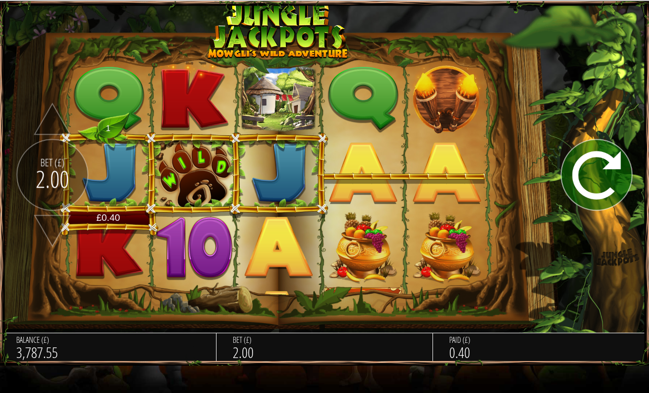 Jungle Jackpots gameplay showing a winning line with a wild symbol